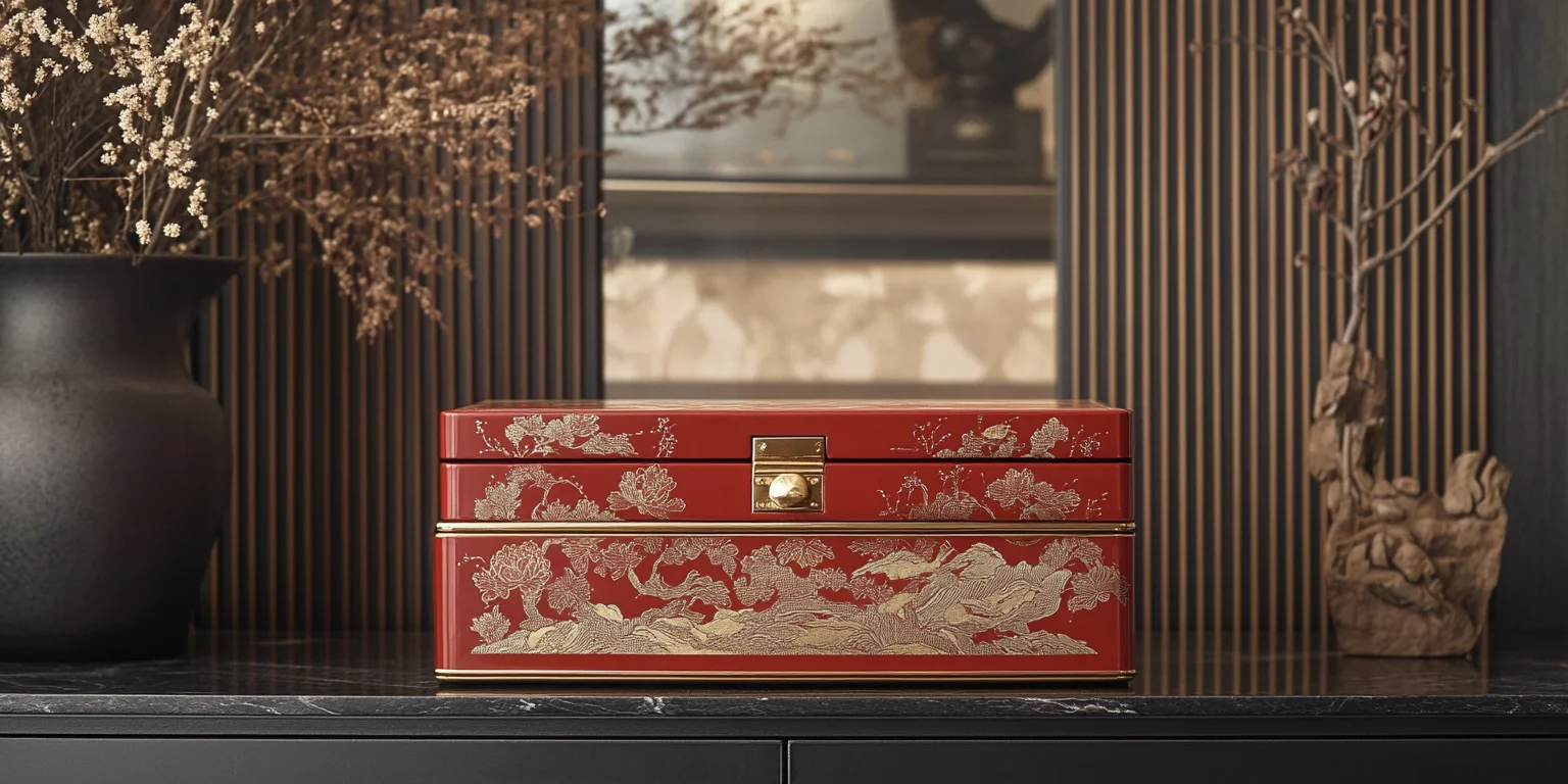 Red vintage Chinese jewelry box with intricate gold designs on a dark surface.
